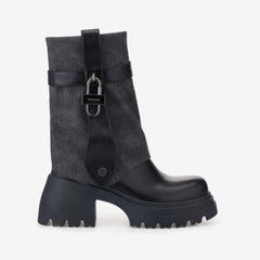 Tuhoomall Fashion Women's Foldable Knee-High Boots with Round Toe and Thick Heels, Stylish Metal Buckle for Parties and Performances