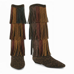 Tuhoomall Western Knee High Boots with Fringe and Rhinestones, Stylish Leopard Print for Parties and Performances Tuhoomall