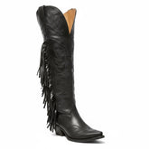 Tuhoomall Western Knee-High Boots with 2-Inch Chunky Heel, Embroidered Vegan Leather, Fringe Detail for Travel and Casual Style