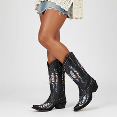 Tuhoomall Western Mid-Calf Boots for Women, Rubber Sole, 1.75 in Chunky Heel, Easy Slip-On, Stylish Embroidered Star Design for Casual and Travel