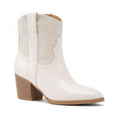 Tuhoomall Comfort Ankle Boots for Women with Chunky Heel and Pearl Embellishments, Perfect for Weddings, Parties, and Everyday Fashion