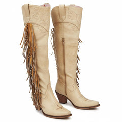 Tuhoomall Western Over Knee Boots with Fringe and Heart Pattern, Block Heel 2.76in, Zipper Closure, Faux Suede for Fashionable Boho Lifestyle