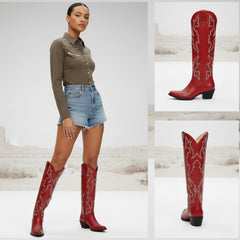 Tuhoomall Western Knee-High Boots with Elegant Embroidery, Stylish Mid Heel for Casual and Office Wear, Durable Faux Suede Leather, All-Season Fashion