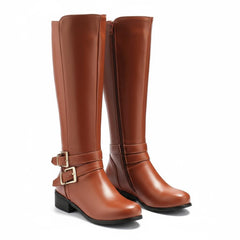 Tuhoomall Knee High Boots For Women With Round Toe And Low Chunky Heel, Classic Style For Parties And Performances, Adjustable Buckle Closure, Retro Fashion