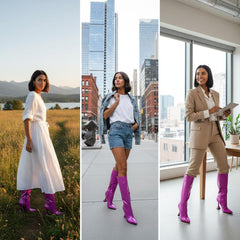 Tuhoomall Iridescent Mid Calf Stiletto Heeled Boots for Parties and Performances, Fashionable Vegan Leather, Pointed Toe, Easy Slip-On, 9.5cm Height