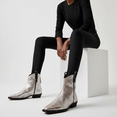Tuhoomall Metallic Silver Chunky Heel Ankle Boots - Stylish Snip Toe Design, Effortless Slip-On, Perfect for Casual and Office Wear