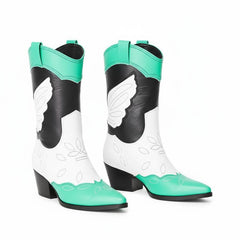 Tuhoomall Colorful Metallic Western Mid Calf Boots with Embroidery, Pointed Toe, Comfort Block Heel for Casual Wear