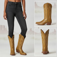 Tuhoomall Western Cowgirl Boots Mid Calf Chunky Heel Slip-On Embroidered Fashion Boots for Travel Outdoor Classic Style