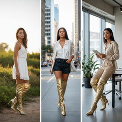 Tuhoomall Stylish Over-the-Knee High Heels with Metallic Shine, Striped Pattern, and Faux Leather Lining for Parties and Fashion Events