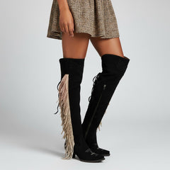 Tuhoomall Western Over Knee Boots with Fringe and Heart Pattern, Block Heel 2.76in, Zipper Closure, Faux Suede for Fashionable Boho Lifestyle