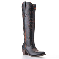 Tuhoomall Western Style Knee-High Boots, Embroidered Vegan Leather, 5.5cm Chunky Heel, Fashion Casual for All Seasons
