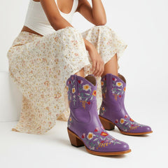 Tuhoomall Stylish Western Ankle Boots with Floral Embroidery, Rubber Sole, Chunky 5cm Heel for Classic and Casual Looks