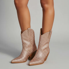 Tuhoomall Rhinestone Embellished Ankle Boots for Women, Chunky Heel 6.5 cm, Slip-On Pointed Toe Short Booties for Parties and Weddings