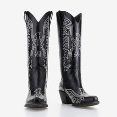 Tuhoomall Western Cowgirl Mid Calf Boots With Chunky Heel, Pointed Toe Slip-On Design, Rhinestone Pattern For Outdoor Events