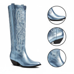 Tuhoomall Western Mid Calf Boots for Women, Embroidered Pointed Toe, Chunky Heel, Slip-On Design for Casual Style