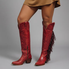 Tuhoomall Fringe Western Knee High Boots for Women, Soft Vegan Suede, Embroidered Design, Perfect for Vintage, Casual, and Party Wear