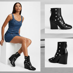 Tuhoomall Fashion Ankle Booties With Zip And Studs, Chunky Wedge Heel, Stylish For Parties And Casual Outings, All-Season Wear