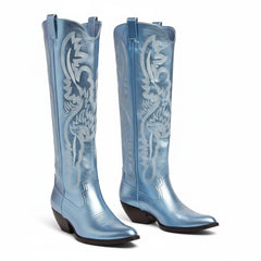 Tuhoomall Western Mid Calf Boots for Women, Embroidered Pointed Toe, Chunky Heel, Slip-On Design for Casual Style
