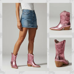 Tuhoomall Metallic Cowboy Ankle Boot with Chunky Block Heel, Pointed Toe, Embroidered Design for Casual Fashion Use, Vegan Leather, All Seasons