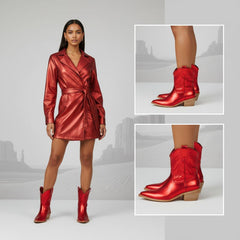 Tuhoomall Metallic Cowboy Ankle Boot with Chunky Block Heel, Pointed Toe, Embroidered Design for Casual Fashion Use, Vegan Leather, All Seasons