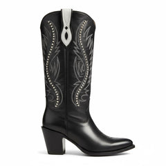 Tuhoomall Retro Studded Mid Calf Boots for Women, Pointed Toe Chunky Heel Slip-On Footwear, Stylish Casual Performance Design