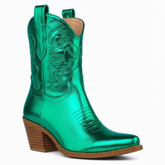 Tuhoomall Comfortable Western Ankle Boots for Fashion, Travel, and Leisure - Embroidered Genuine Leather, 5.5cm Chunky Heel, Slip-On Design