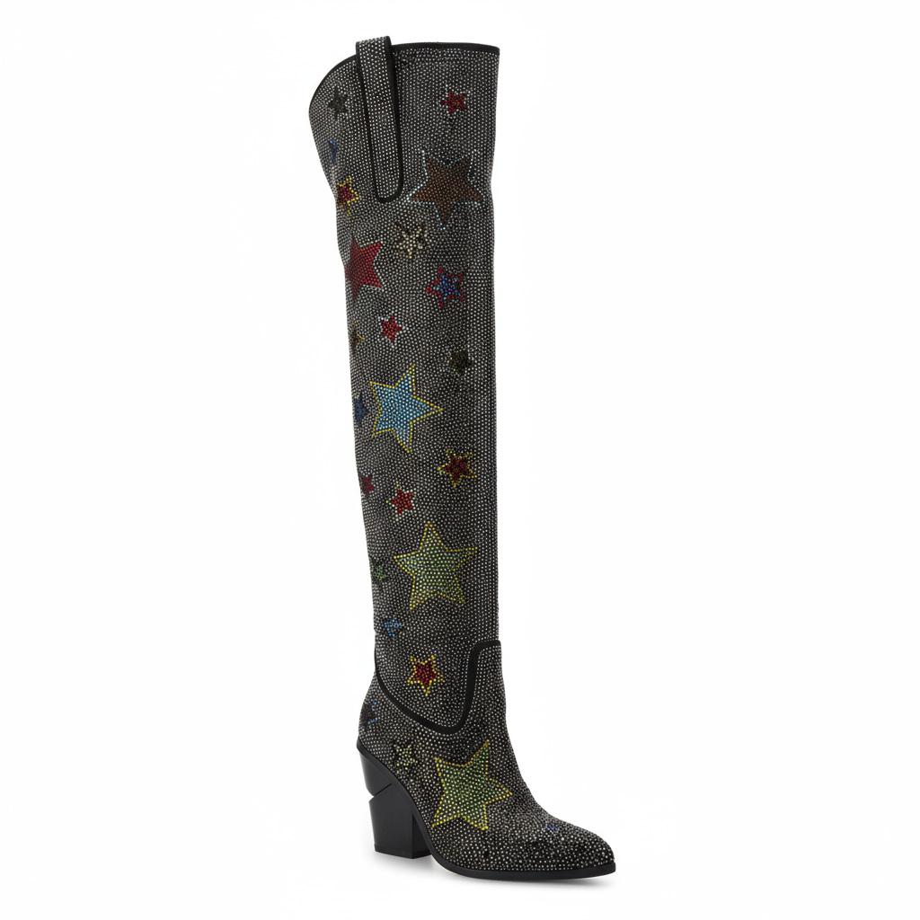 Tuhoomall Western Rhinestone Over-The-Knee Boots for Women, 9.5 cm Irregular Heels, Sparkling Slip-On Stylish Casual Footwear Tuhoomall