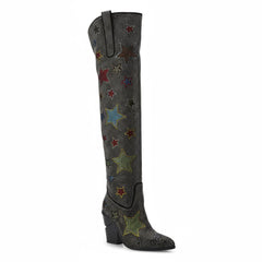 Tuhoomall Western Rhinestone Over-The-Knee Boots for Women, 9.5 cm Irregular Heels, Sparkling Slip-On Stylish Casual Footwear Tuhoomall