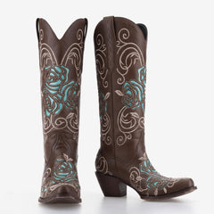 Tuhoomall Western Cowgirl Boots, Floral Embroidered Slip-On, Chunky Heel Mid Calf, Durable Rubber Sole for Casual Outdoor Fashion