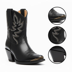 Tuhoomall Western Style Ankle Boots For Women, Vintage Plain Leather, Low Heel, Casual Chic, All-Season Fashion, Unique Embroidery Design