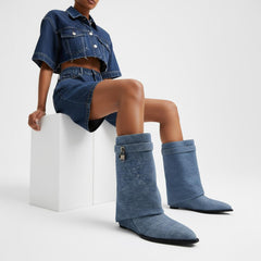 Tuhoomall Pointed Toe Wedge Ankle Boots For Women, Distressed Denim Slip-On Casual Shoes, Vintage Style Mid-Calf Boots For Parties And Daily Wear