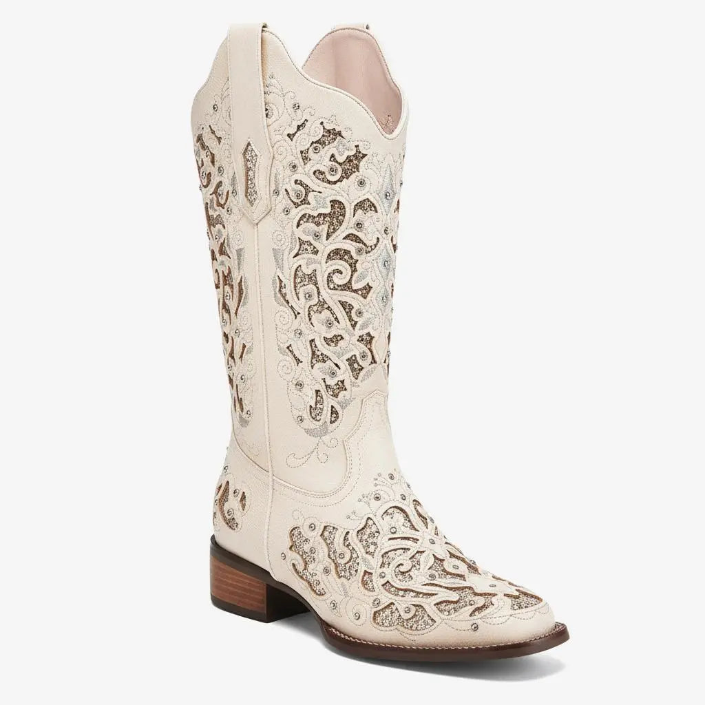 Tuhoomall Western Style Embroidered Mid-Calf Boots For Fashion, Travel, Outdoor - Chunky Heel, Faux Suede, Slip-On, Rhinestones, 3cm Heel Height Tuhoomall