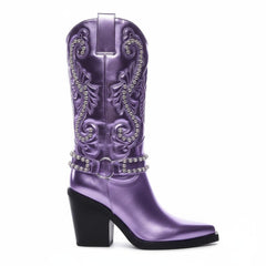 Tuhoomall Metallic Rhinestone Western Boots For Women - Pointed Toe, Block Heel, Fashion Statement For Parties, Made Of Vegan Leather And Embroidered Details