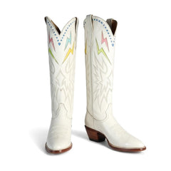 Tuhoomall Lightning Embroidered Knee High Cowboy Boots, Low Chunky Heel, Easy Slip-On Design for Parties and Performances, All-Season Fashion Footwear Tuhoomall