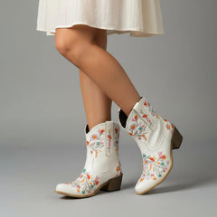 Tuhoomall Stylish Western Ankle Boots with Floral Embroidery, Rubber Sole, Chunky 5cm Heel for Classic and Casual Looks