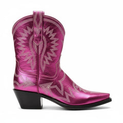 Tuhoomall Metallic Western Ankle Boots for Women - Stylish Slip-On Design with Embroidered Floral Pattern, Casual All-Season Footwear Tuhoomall