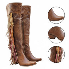Tuhoomall Western Over Knee Boots with Fringe and Heart Pattern, Block Heel 2.76in, Zipper Closure, Faux Suede for Fashionable Boho Lifestyle
