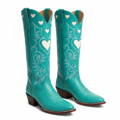 Tuhoomall Western Knee High Boots With Rubber Sole, 5cm Chunky Heel, Embroidered Sweet Pink Hearts For Casual Fashion All Year Round