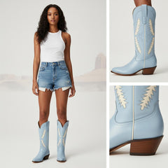 Tuhoomall Western Mid Calf Boots for Women with Rubber Sole, 5.1 cm Chunky Heel, Stylish Embroidery for Casual and Office Wear