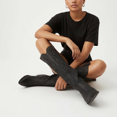 Tuhoomall Western Mid Calf Boots for Women, Embroidered Pointed Toe, Chunky Heel, Slip-On Design for Casual Style