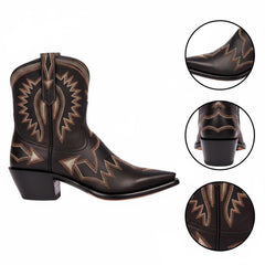 Tuhoomall Metallic Western Ankle Boots for Women - Stylish Slip-On Design with Embroidered Floral Pattern, Casual All-Season Footwear