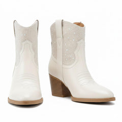 Tuhoomall Comfort Ankle Boots for Women with Chunky Heel and Pearl Embellishments, Perfect for Weddings, Parties, and Everyday Fashion