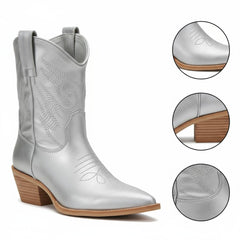 Tuhoomall Metallic Cowboy Ankle Boot with Chunky Block Heel, Pointed Toe, Embroidered Design for Casual Fashion Use, Vegan Leather, All Seasons