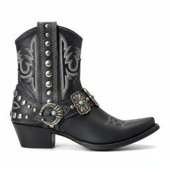 Tuhoomall Western Ankle Booties, Chunky Heel, Snip-Toe, Studded & Embroidered, All-Season Wear for Parties and Performances