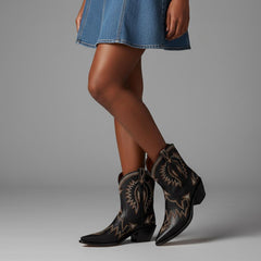 Tuhoomall Metallic Western Ankle Boots for Women - Stylish Slip-On Design with Embroidered Floral Pattern, Casual All-Season Footwear