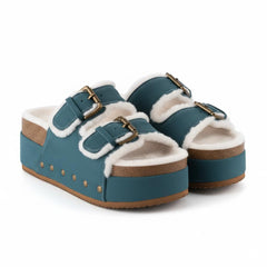 Tuhoomall Blue Faux Suede Fur-Lined Studs Double Buckle Strap Round Platform Cork Sandals Slippers