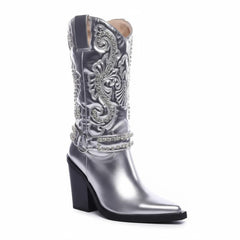 Tuhoomall Metallic Rhinestone Western Boots For Women - Pointed Toe, Block Heel, Fashion Statement For Parties, Made Of Vegan Leather And Embroidered Details