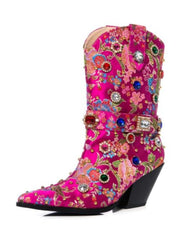 Tuhoomall Western Floral Embroidered Rhinestone Mid Calf Boots for Women, Chunky Heel, Water-Resistant Satin, Stylish for Spring Autumn Winter