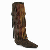 Tuhoomall Western Knee High Boots with Fringe and Rhinestones, Stylish Leopard Print for Parties and Performances