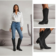 Tuhoomall Western Block Heel Ankle Boots with Glitter Detail, 2.50 in Heel Height, Stylish for Parties and Performances, Faux Leather Lining